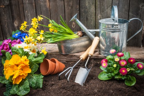 Completed garden maintenance with lawn care tools and fresh planting