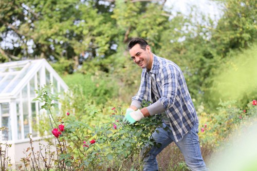 A gardener maintaining a garden lawn in Hither Green